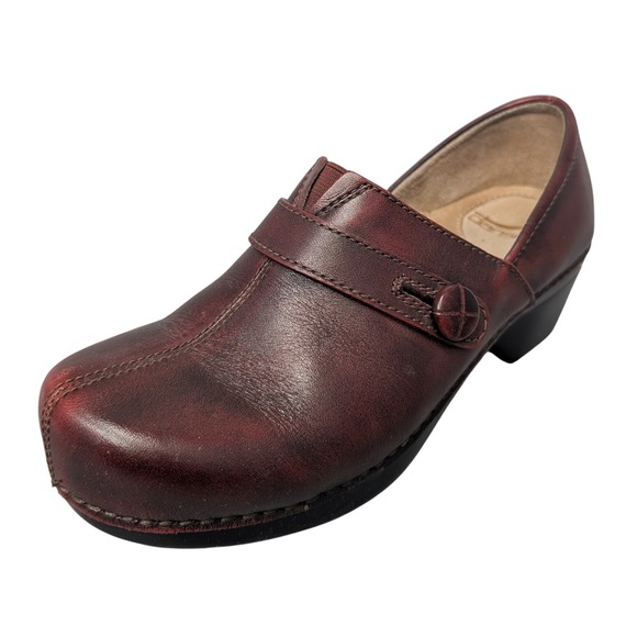 Dansko Shoes - Dansko Burgundy Leather Clogs Mary Jane Button Wedge Slip On Shoes Women 36